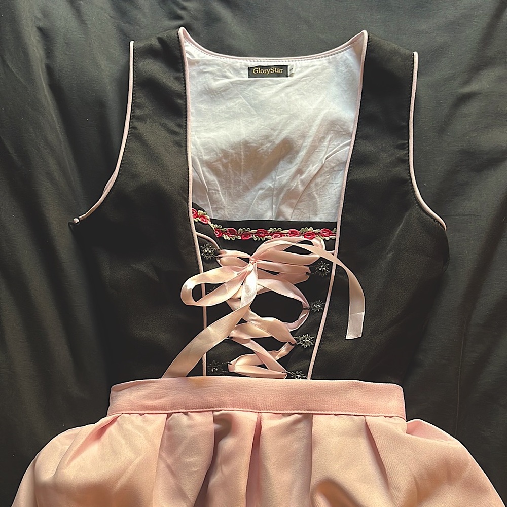 Oktoberfest Dirndl Dress with Apron Black Pink Ribbon